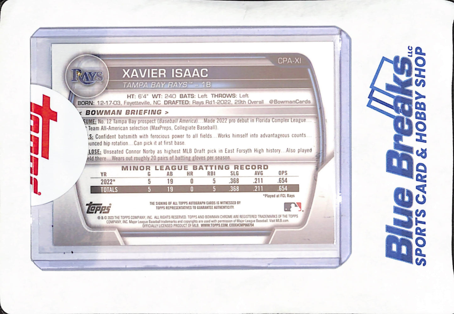 2023 Bowman Chrome - Xavier Isaac - Autograph - Green Shimmer - Tampa Bay Rays - Baseball - 1st Bowman - 74/99 - #CPA-XI