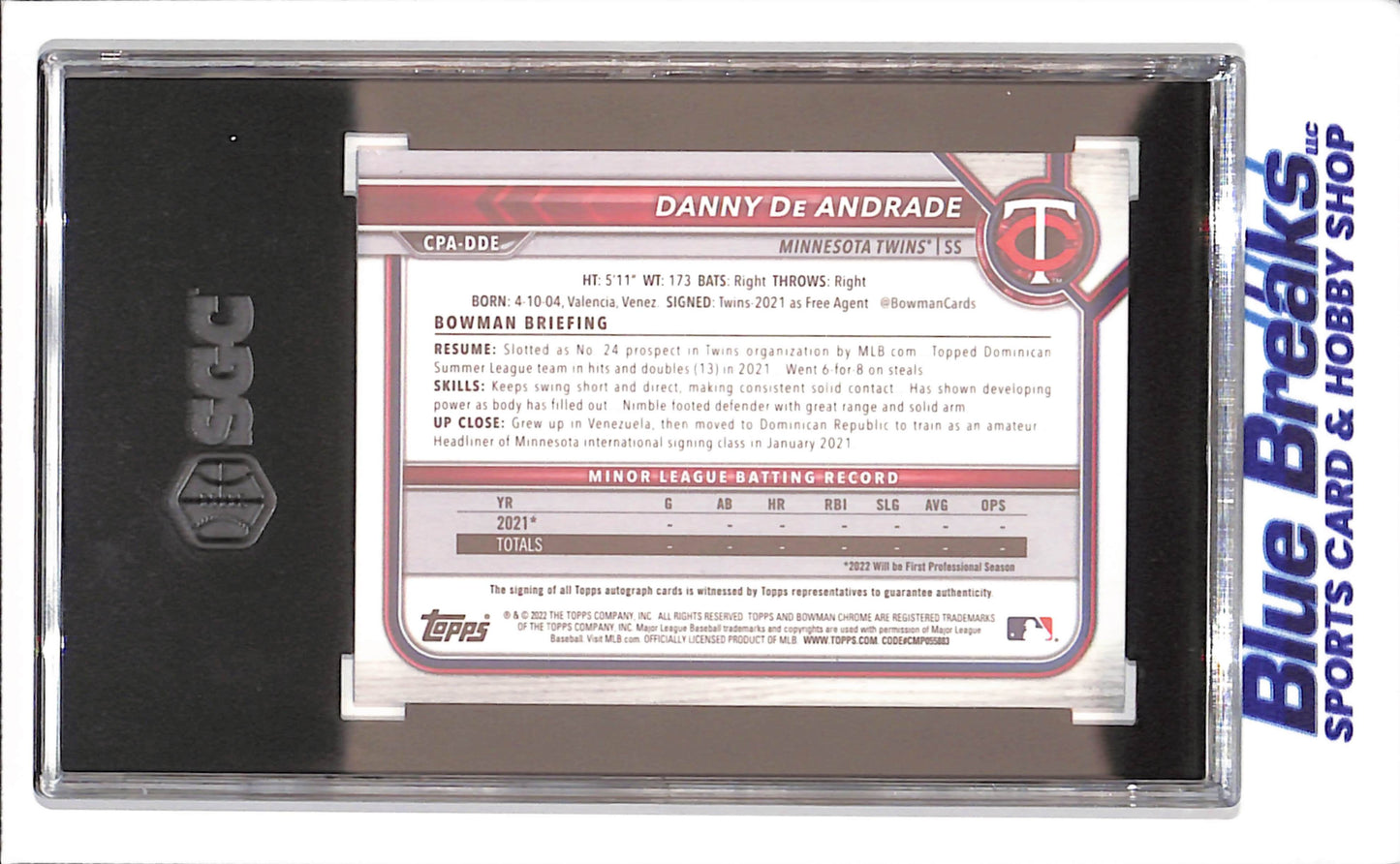 2022 Bowman Chrome - Danny De Andrade - Autograph - 1st Bowman - SGC 9.5/Auto 10 - Minnesota Twins - Baseball - #CPA-DDE