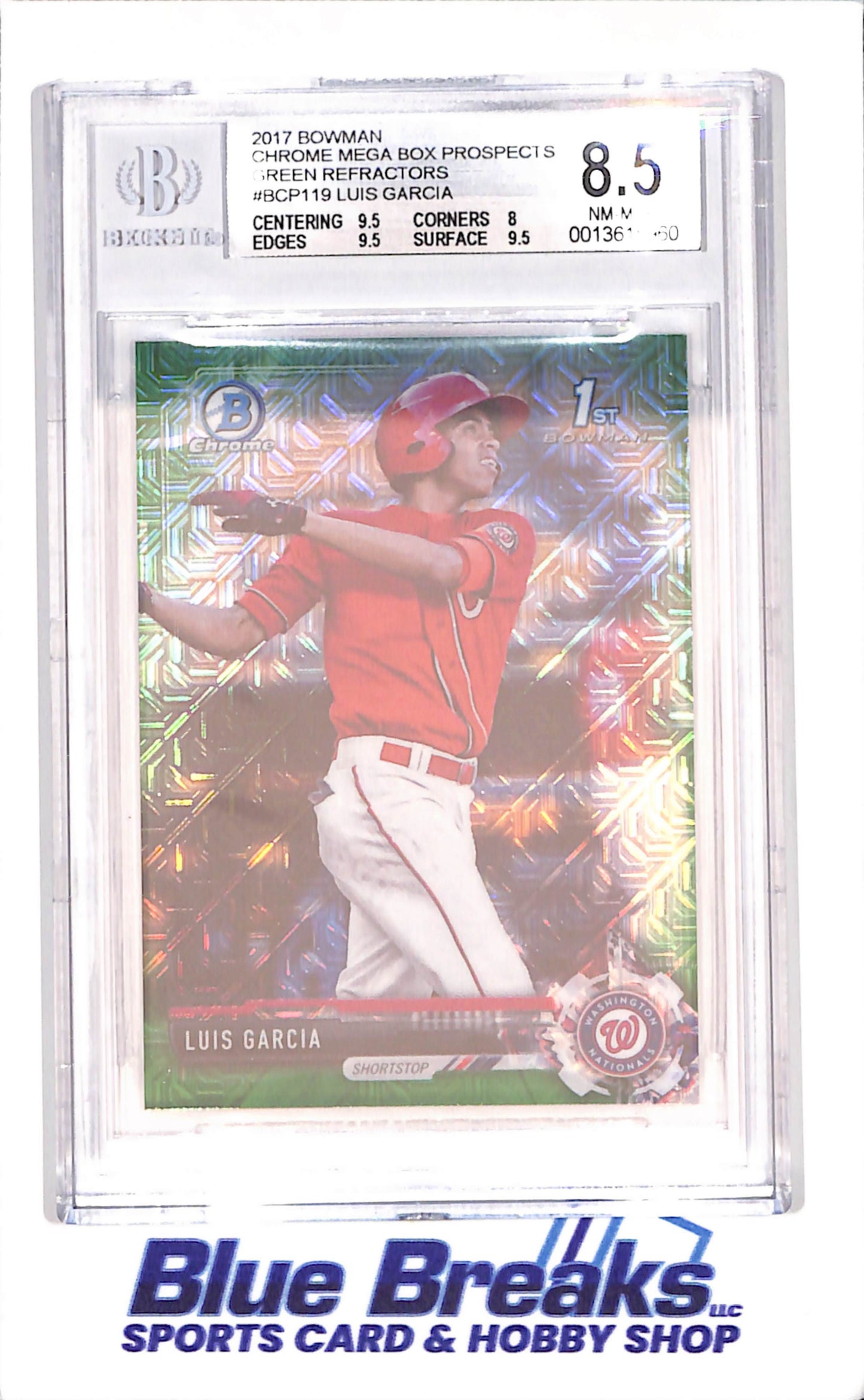 2017 Bowman Chrome - Luis Garcia - 1st Bowman - Mojo Green - Beckett 8.5 - 17/99 - Washington Nationals - Baseball - #BCP119