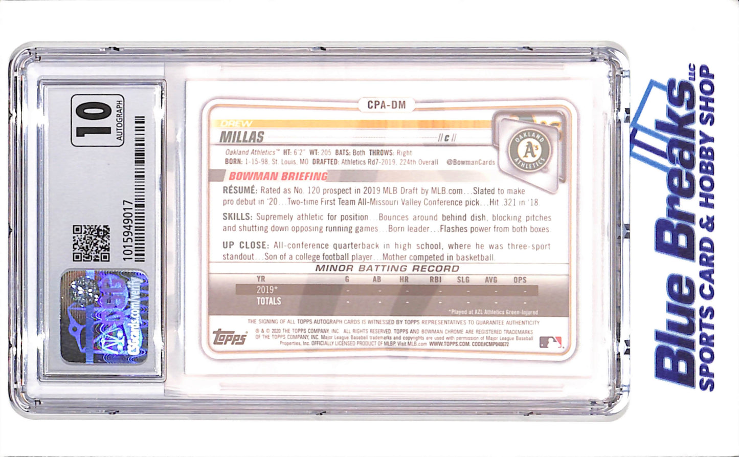 2020 Bowman Chrome - Drew Millas - 1st Bowman Prospect Autograph - CSG 8.5 - Oakland Athletics - Baseball - #CPA-DM
