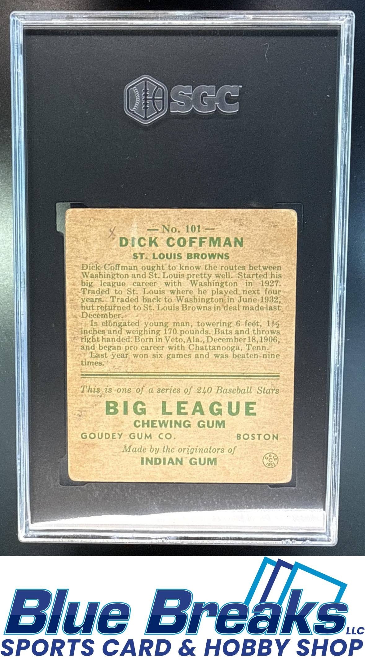 1933 Goudey R319 Richard Coffman Rookie #101 RC SGC 2 St. Louis Browns / Baltimore Orioles