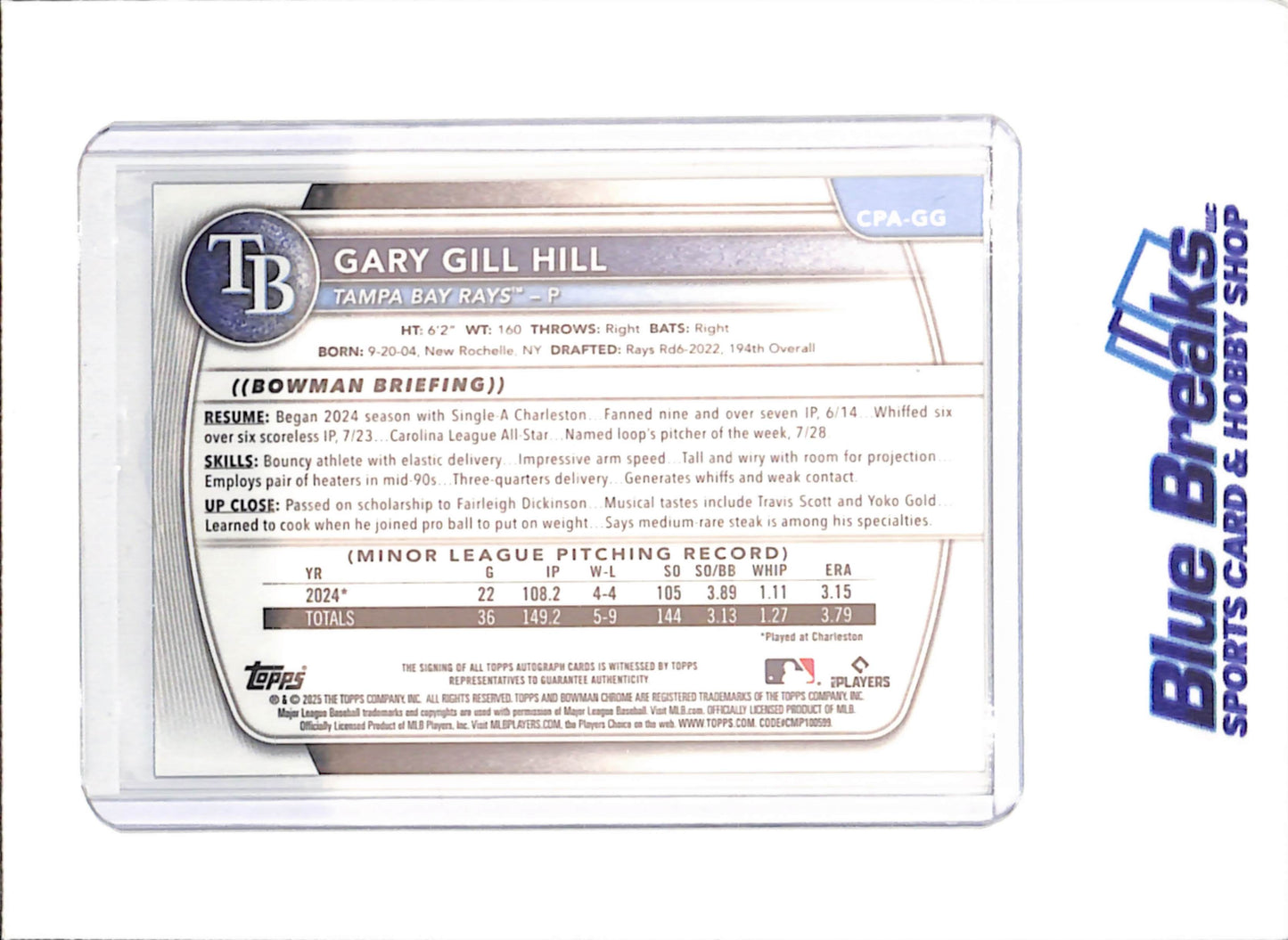 2025 Bowman Chrome - Gary Gill Hill - Mojo Autograph - 1st Bowman -  73/150 - Tampa Bay Rays - Baseball - #CPA-GG