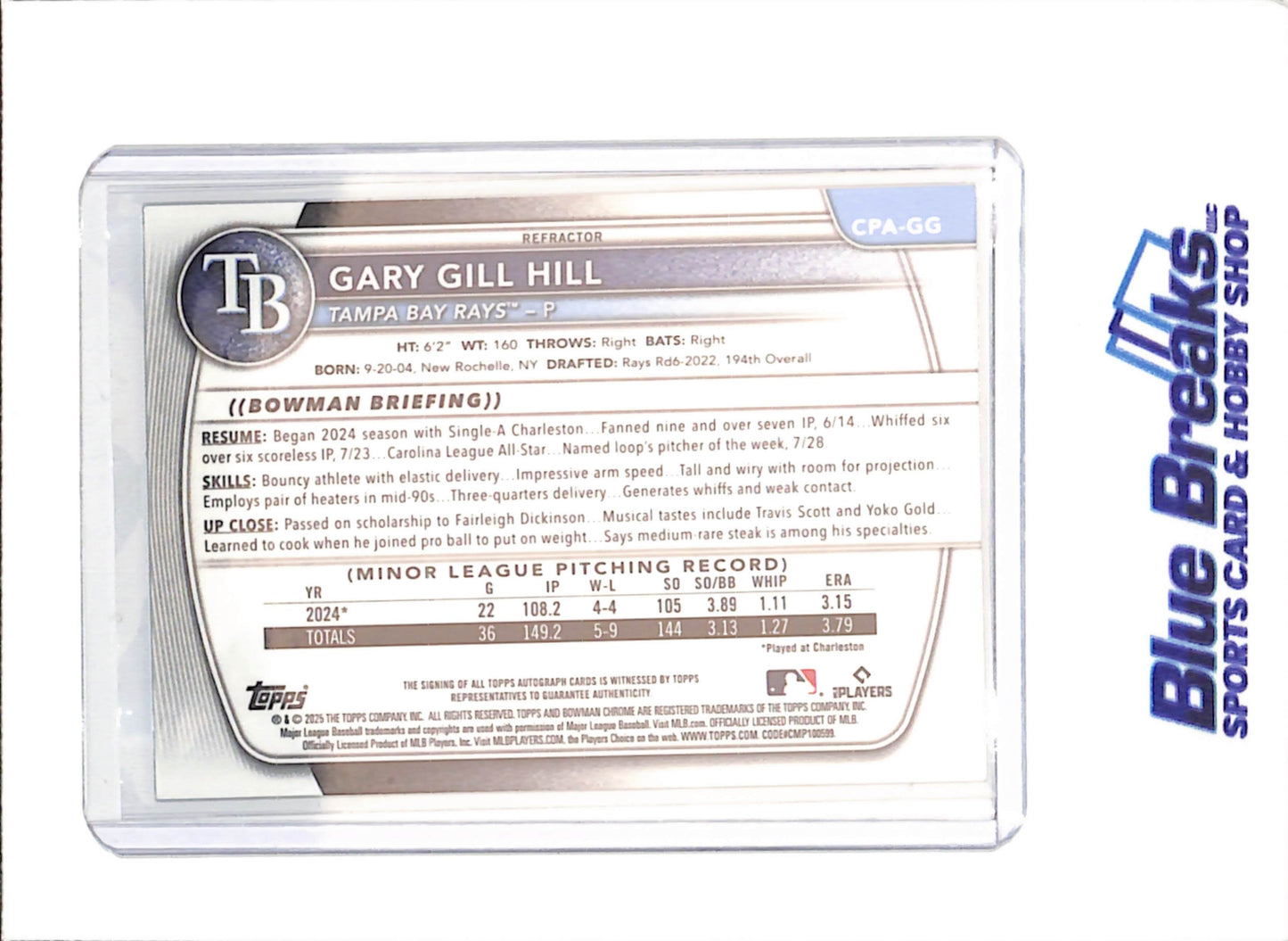 2025 Bowman Chrome - Gary Gill Hill - Autograph - 110/499 - 1st Bowman - Tampa Bay Rays - Baseball - #CPA-GG