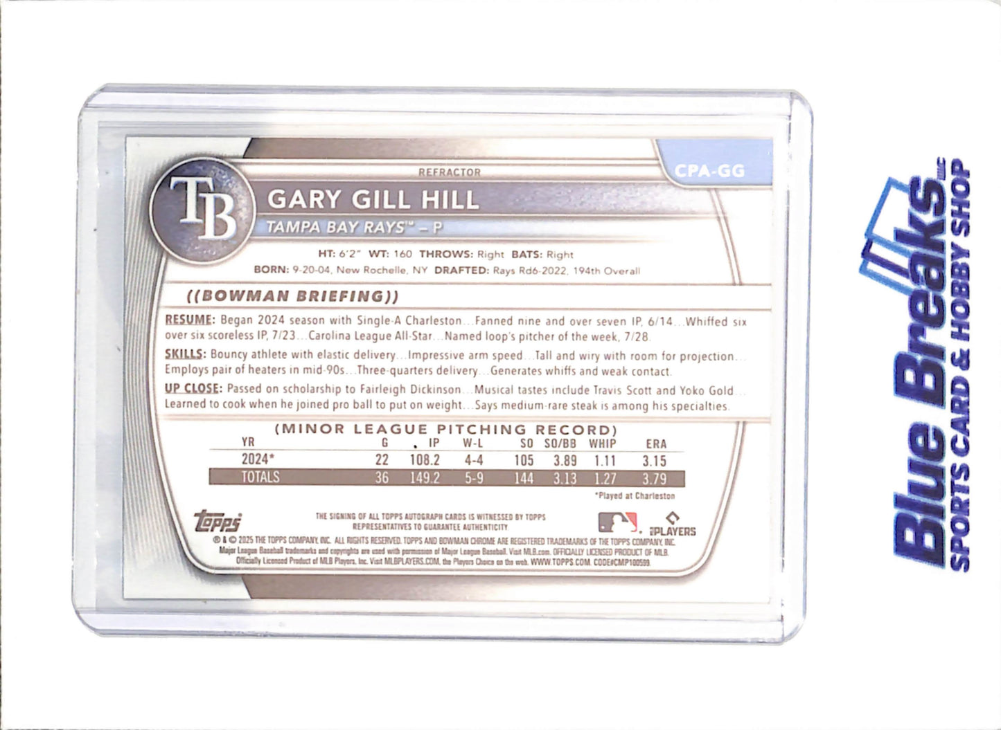 2025 Bowman Chrome - Gary Gill Hill - Autograph - 16/499 - 1st Bowman - Tampa Bay Rays - Baseball - #CPA-GG