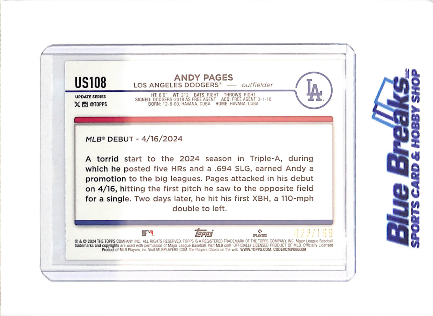 2024 Topps Update - Andy Pages - RC - Red Crackle Foilboard - 22/199 - Los Angeles Dodger - Baseball - #US108