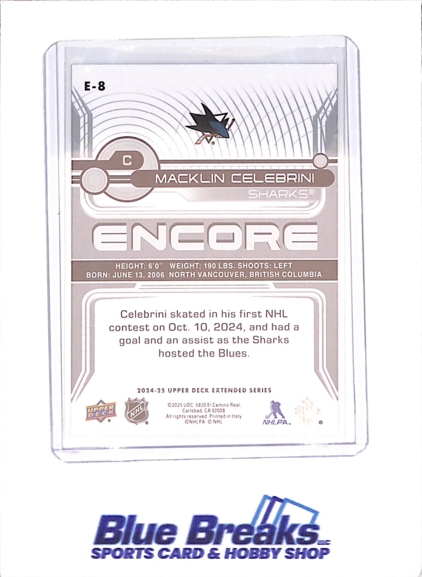 2024-25 Upper Deck Extended Series - Macklin Celebrini - Encore - Rookie -  San Jose Sharks - Hockey - #E-8