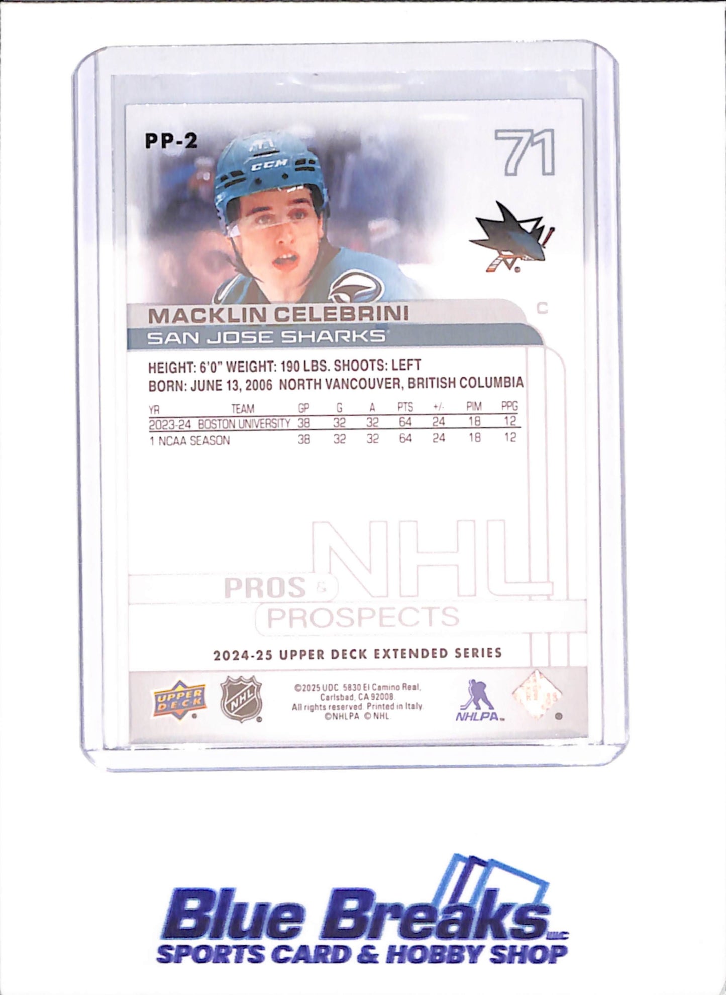 2024-25 Upper Deck Extended Series - Macklin Celebrini - Pros & Prospects - RC - San Jose Sharks - Hockey - #PP-2