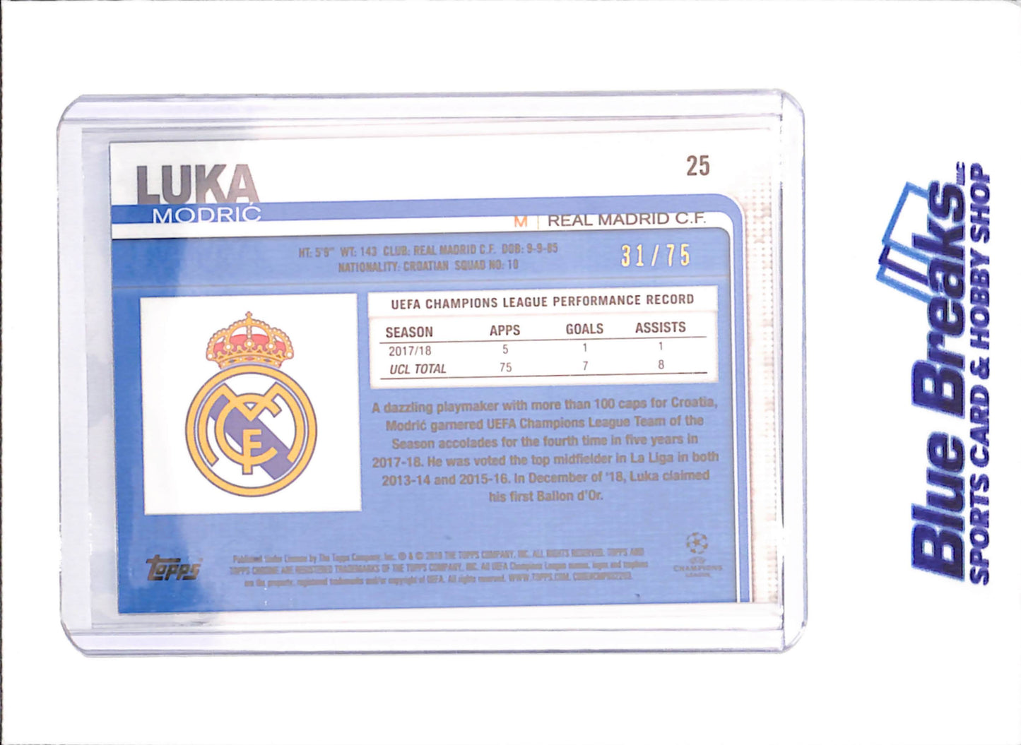 2018 Topps Chrome UEFA Champions League - Luka Modric - Blue Wave - 31/75 - Real Madrid C.F. - Soccer - #25