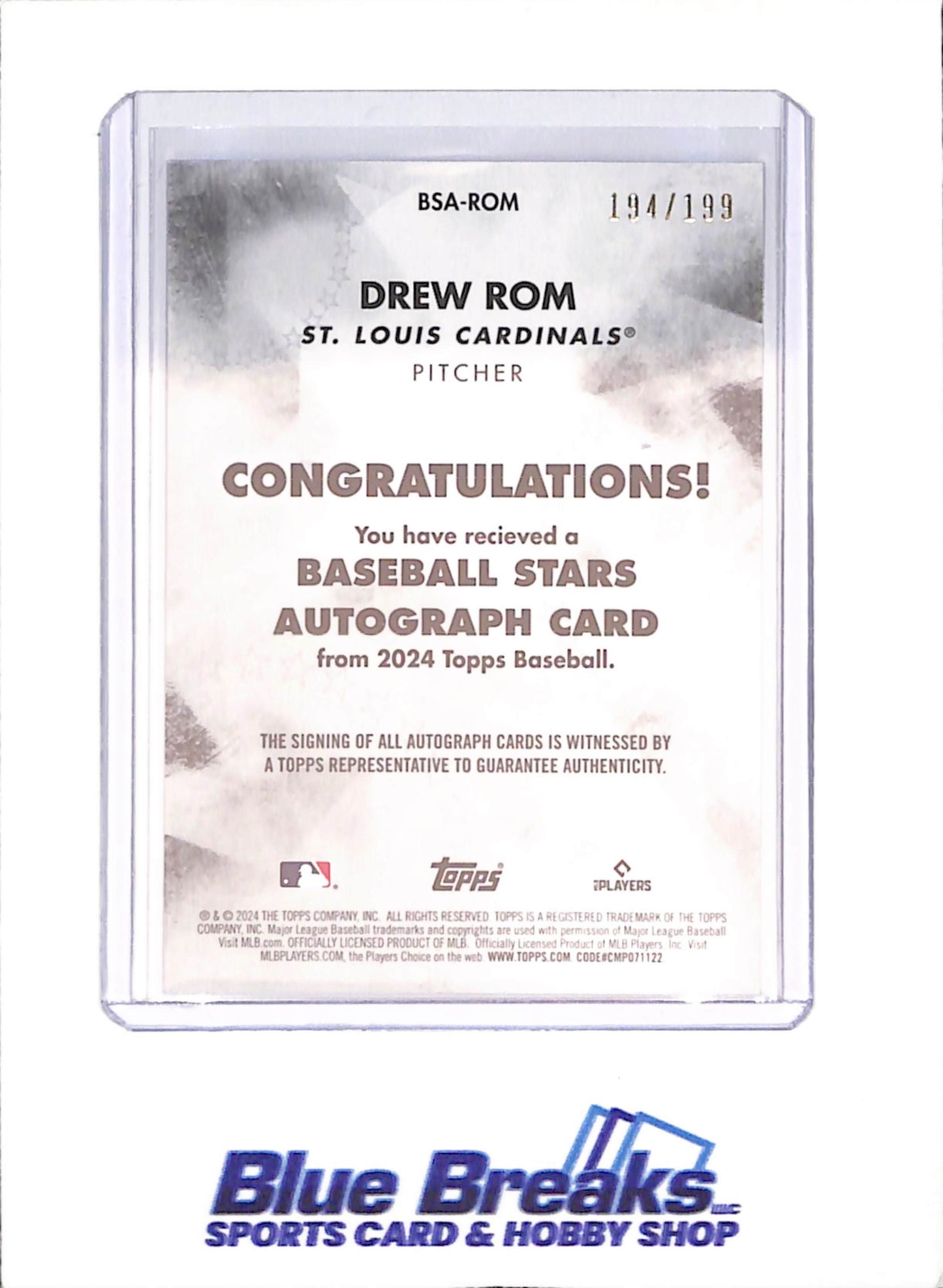 2024 Topps - Drew Rom - Baseball Stars - Autograph - 194/199 - RC - St Louis Cardinals - Baseball - #BSA-ROM