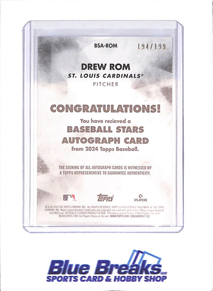 2024 Topps - Drew Rom - Baseball Stars - Autograph - 194/199 - RC - St Louis Cardinals - Baseball - #BSA-ROM