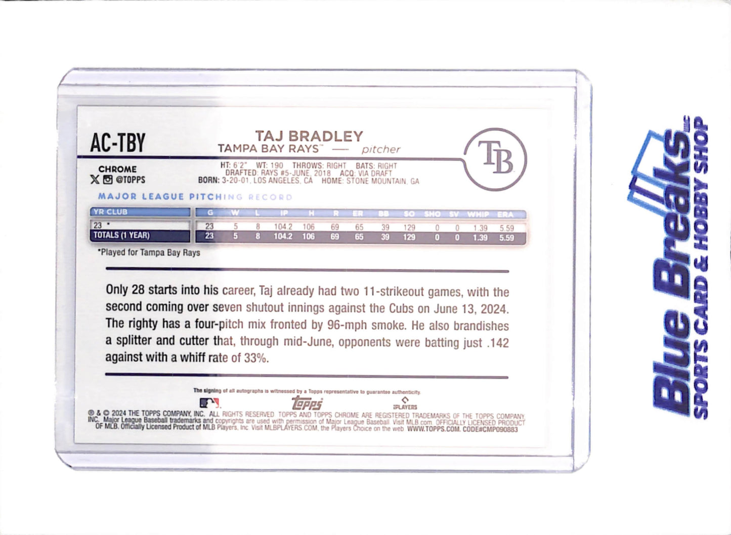 2024 Topps Chrome - Taj Bradley - Autograph - 23/25 - Orange - Tampa Bay Rays - Baseball - #AC-TBY