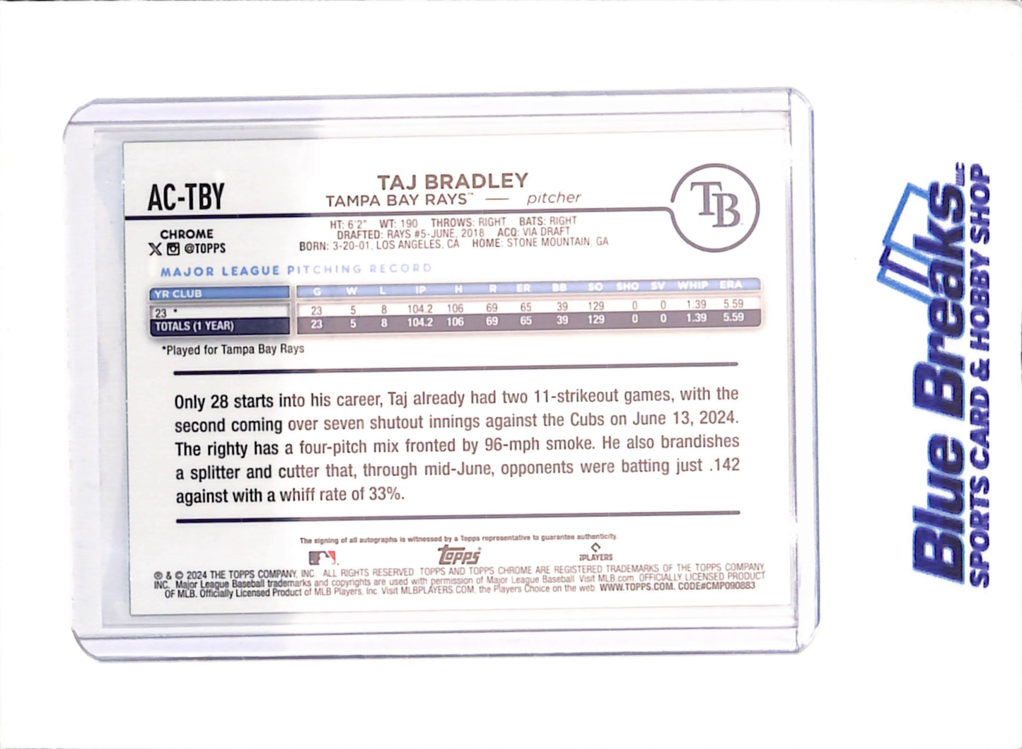 2024 Topps Chrome - Taj Bradley - Autograph - 113/199 - Aqua Wave - Tampa Bay Rays - Baseball - #AC-TBY