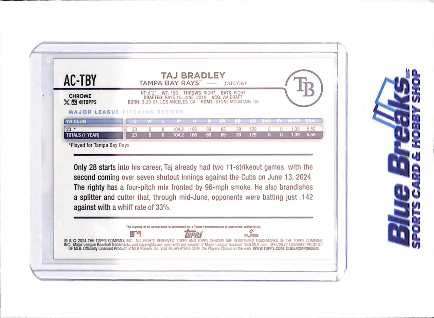 2024 Topps Chrome - Taj Bradley - Autograph - 76/150 - Blue Wave - Tampa Bay Rays - Baseball - #AC-TBY
