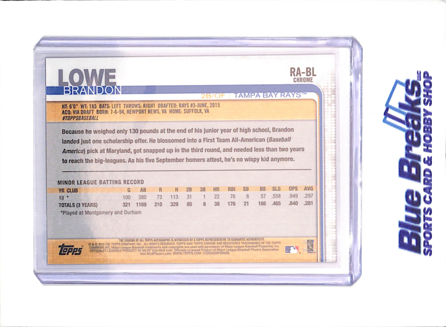 2019 Topps Chrome - Brandon Lowe - Autograph - RC - Tampa Bay Rays - Baseball - #RA-BL