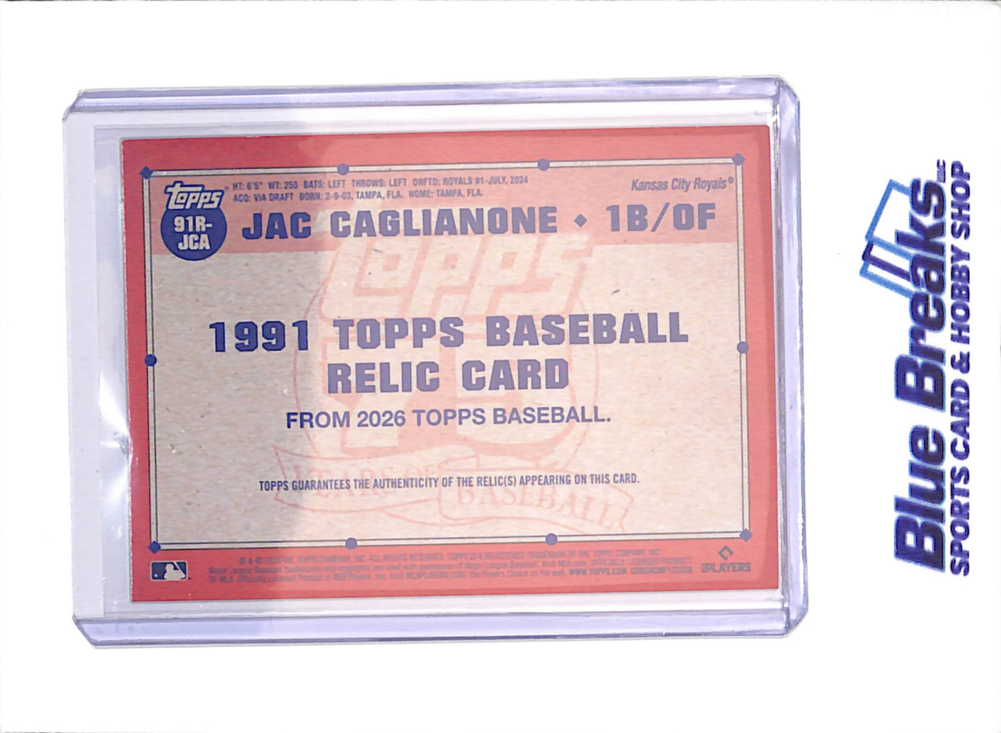 2026 Topps Series One - Jac Caglianone - Relic - RC - Kansas City Royals - Baseball - #91R-JCA