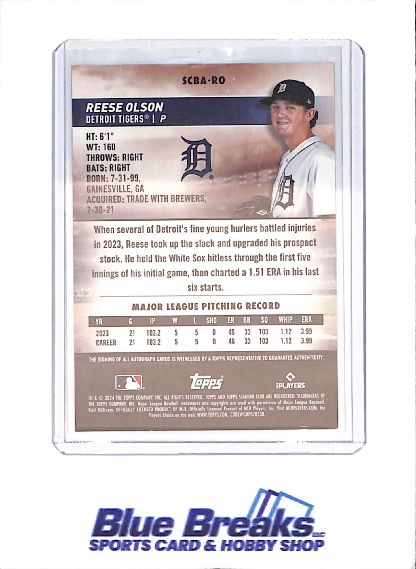 2024 Topps Stadium Club - Reese Olson - Autograph - RC - Detroit Tigers - Baseball - #SCBA-RO