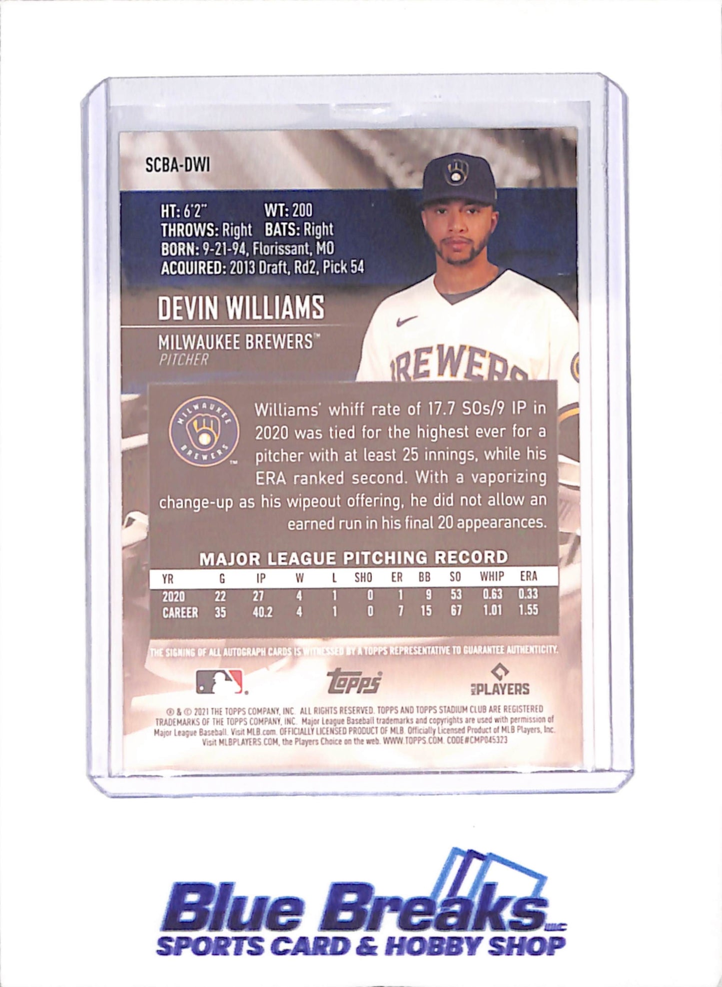 2021 Topps Stadium Club - Devin Williams - Autograph - Milwaukee Brewers - Baseball - #SCBA-DWI