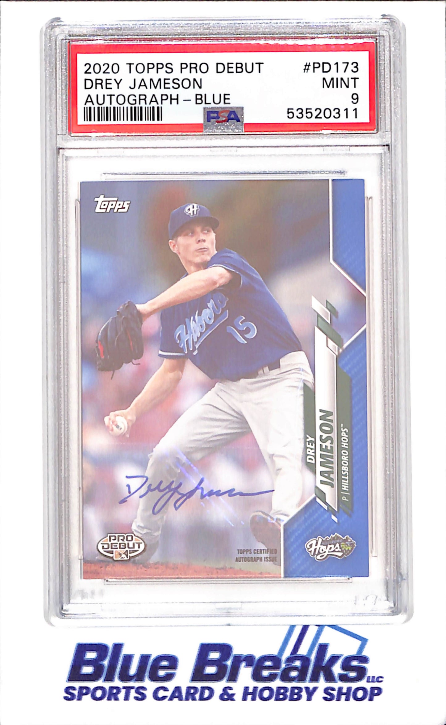 2020 Topps - Pro Debut - blue - Drey Jameson - auto - 024/150 - #PD-173 - PSA 9 - baseball - Hillsboro Hops - Diamondbacks