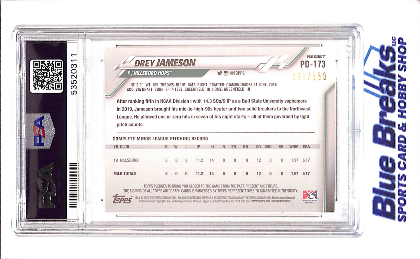 2020 Topps - Pro Debut - blue - Drey Jameson - auto - 024/150 - #PD-173 - PSA 9 - baseball - Hillsboro Hops - Diamondbacks