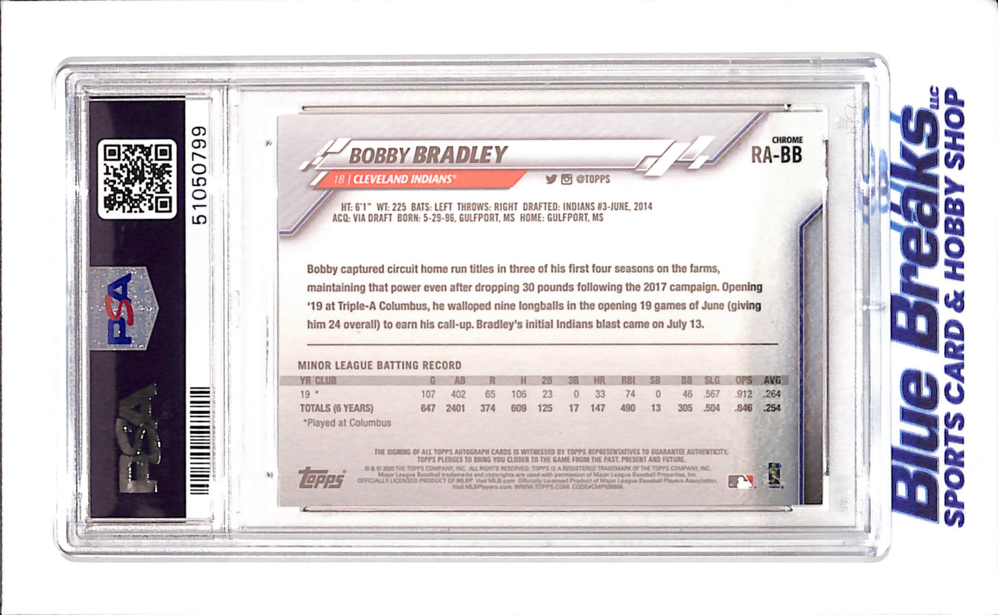 2020 Topps Chrome - Rookie Autographs - Bobby Bradley - RC - #RA-BB - PSA 9 - baseball - Indians/Guardians