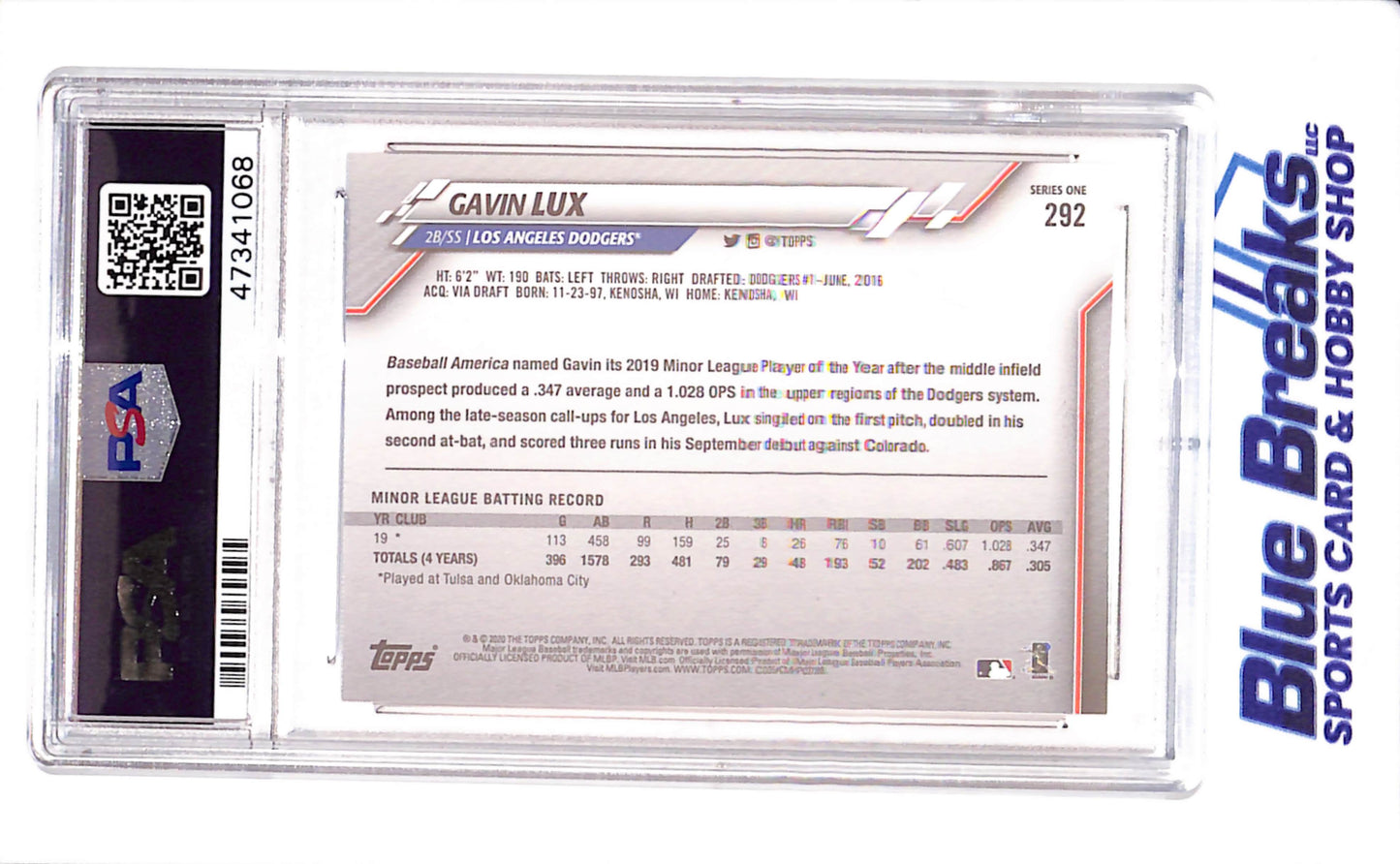 2020 Topps - Series One - Gavin Lux - RC - #292 - PSA 9 - baseball - Dodgers