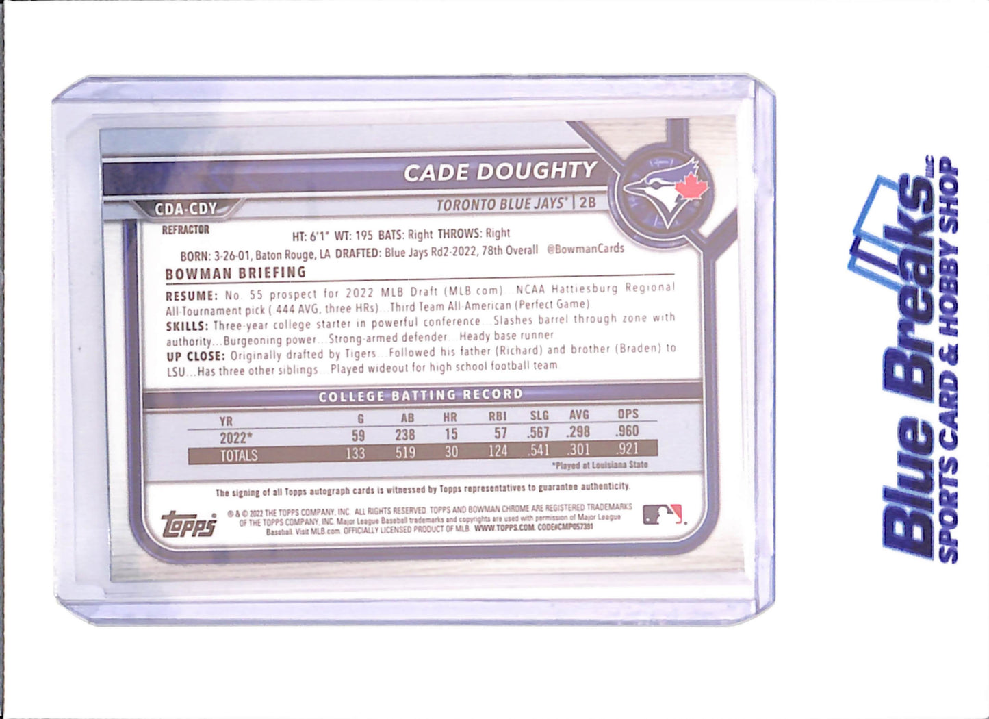 2022 Bowman Chrome - Cade Doughty - Bowman 22st Autograph - 279/499 - Refractor - Toronto Blue Jays - Baseball - #CDA-CDY