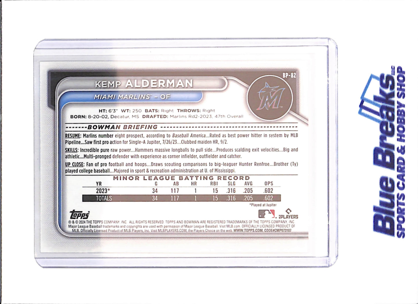 2024 Bowman - Kemp Alderman - 49/50 - Yellow - Miami Marlins - Baseball - #BP-82