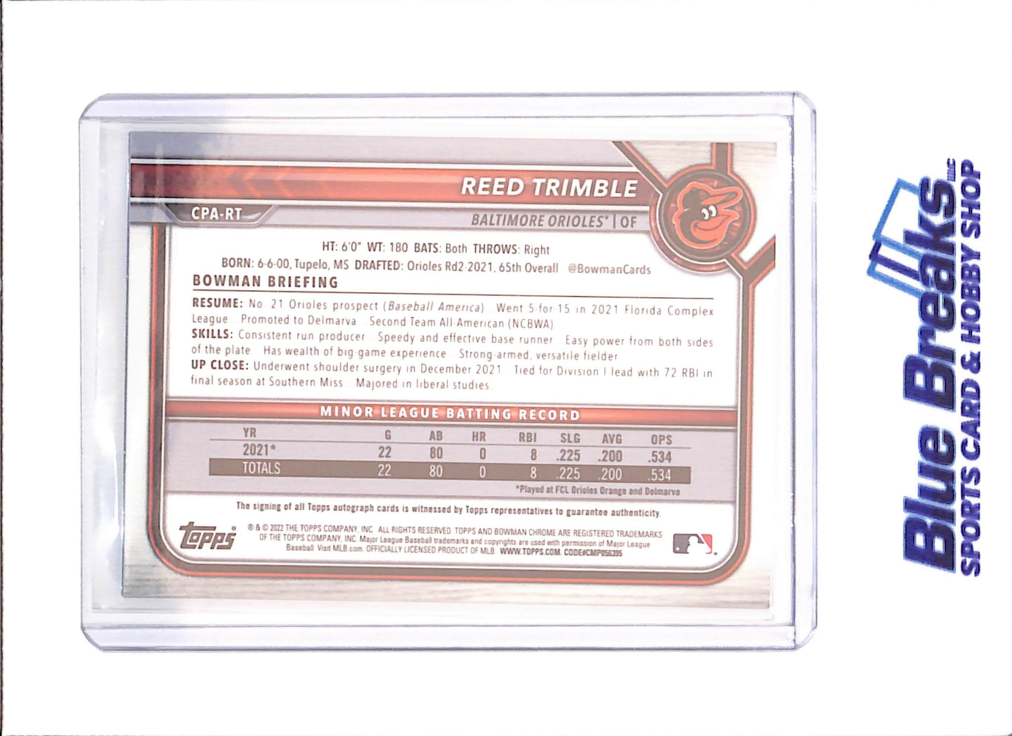 2022 Bowman Chrome - Reed Trimble - Autograph - Blue Mojo - 52/150 - Baltimore Orioles - Baseball - #CPA-RT