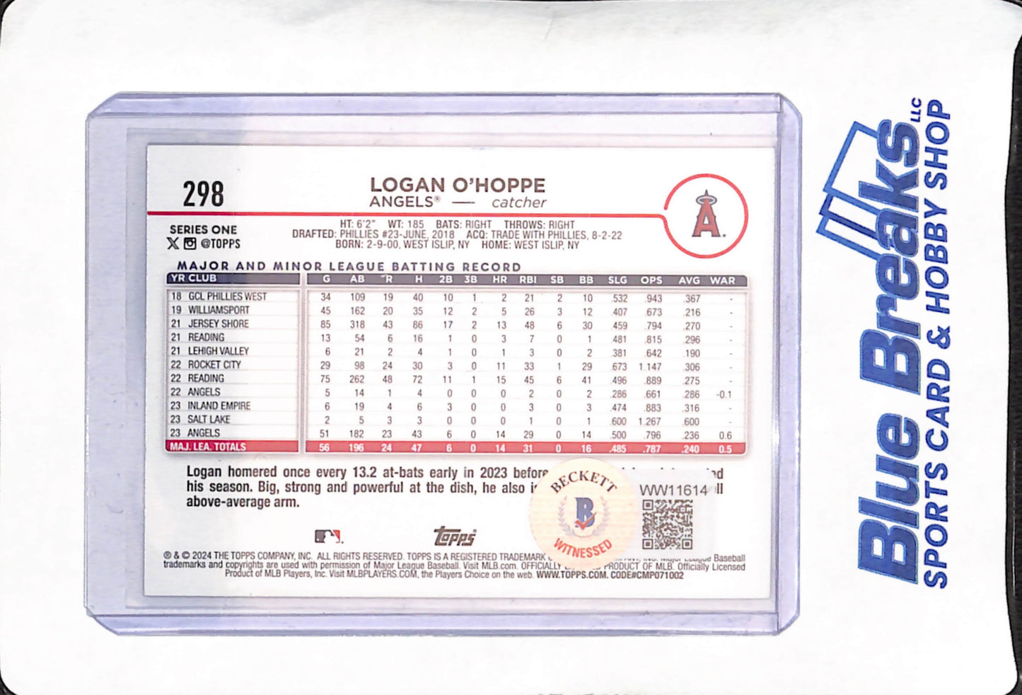 2024 Topps - Logan O'Hoppe - In Person Autograph - Los Angeles Angels - Baseball - Beckett Authentication - #298