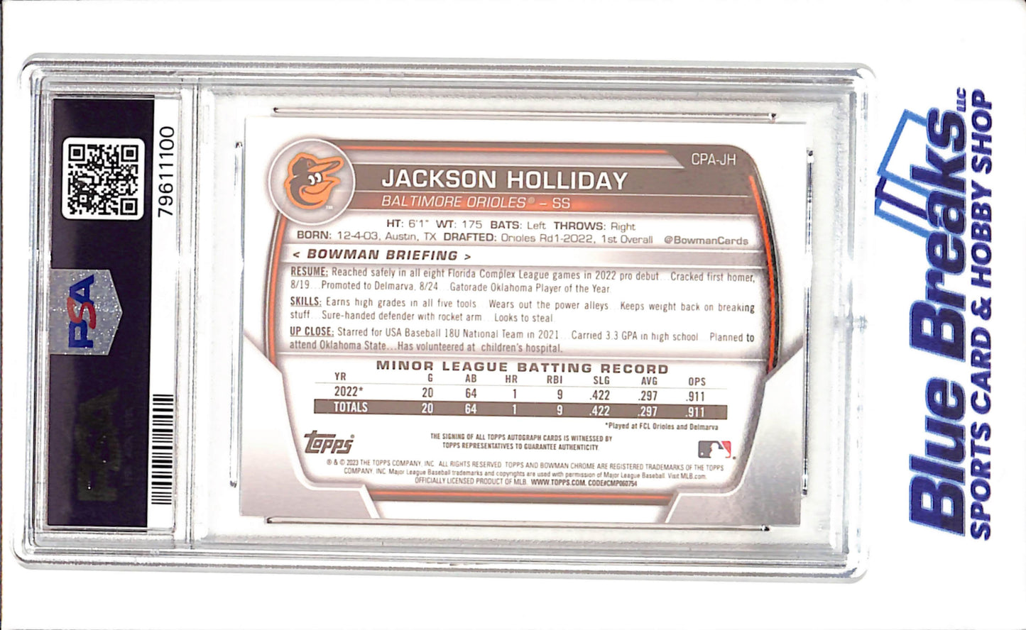 2023 Bowman - Jackson Holliday - Chrome Prospect Autograph - PSA 10 - Baltimore Orioles - Baseball - #CPAJH