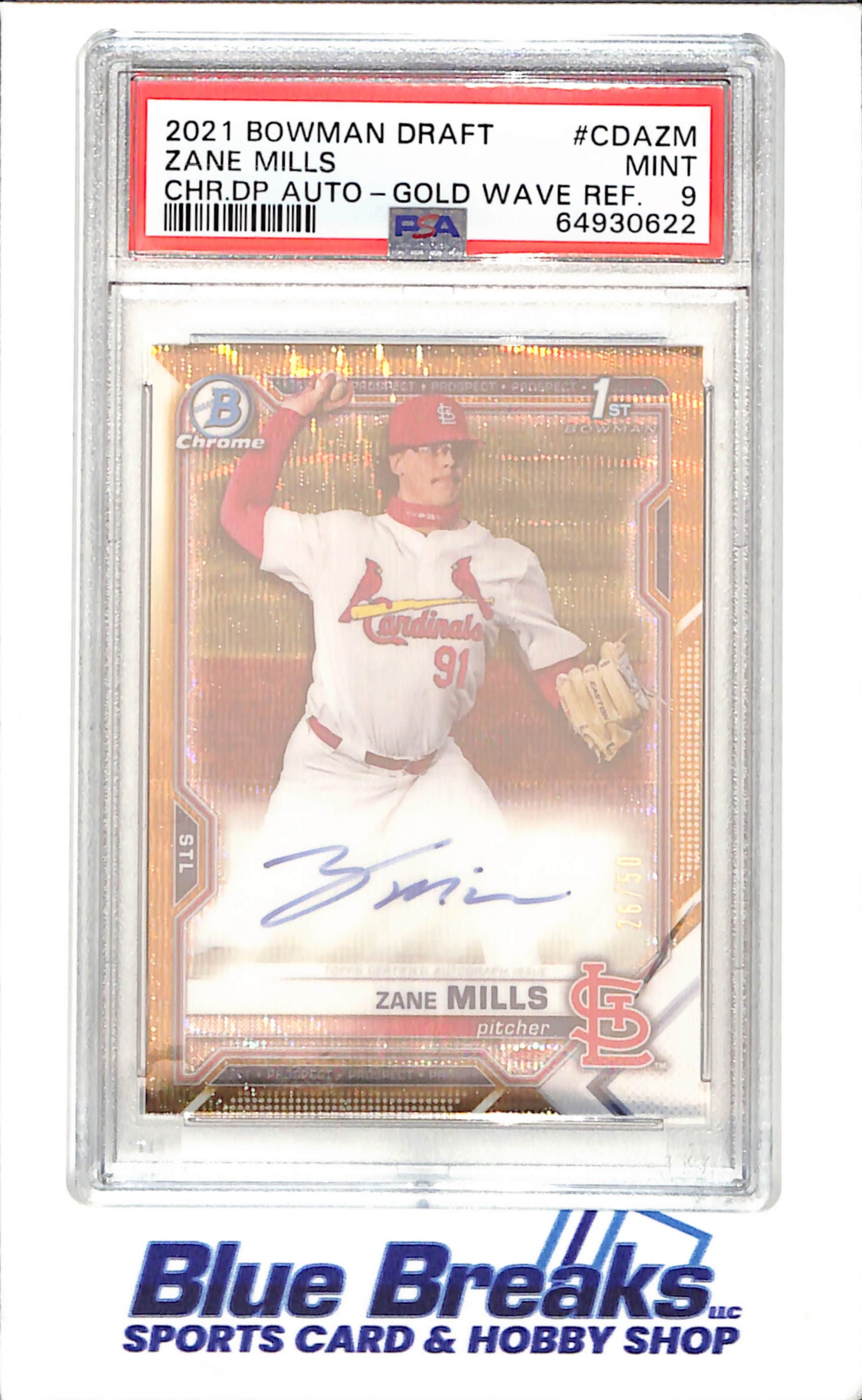 2021 Bowman Draft - Zane Mills - Gold Wave Refractor - Autograph - 1st Bowman - 26/50 - PSA 9 - St Louis Cardinals - Baseball - #CDAZM