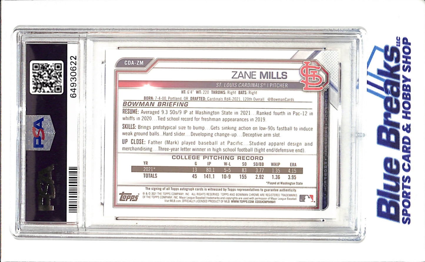 2021 Bowman Draft - Zane Mills - Gold Wave Refractor - Autograph - 1st Bowman - 26/50 - PSA 9 - St Louis Cardinals - Baseball - #CDAZM