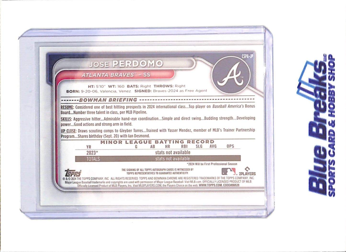 2024 Bowman Sapphire - Jose Perdomo - 1st Bowman Autograph - 5/50 - Atlanta Braves - Baseball - #CSPA-JP
