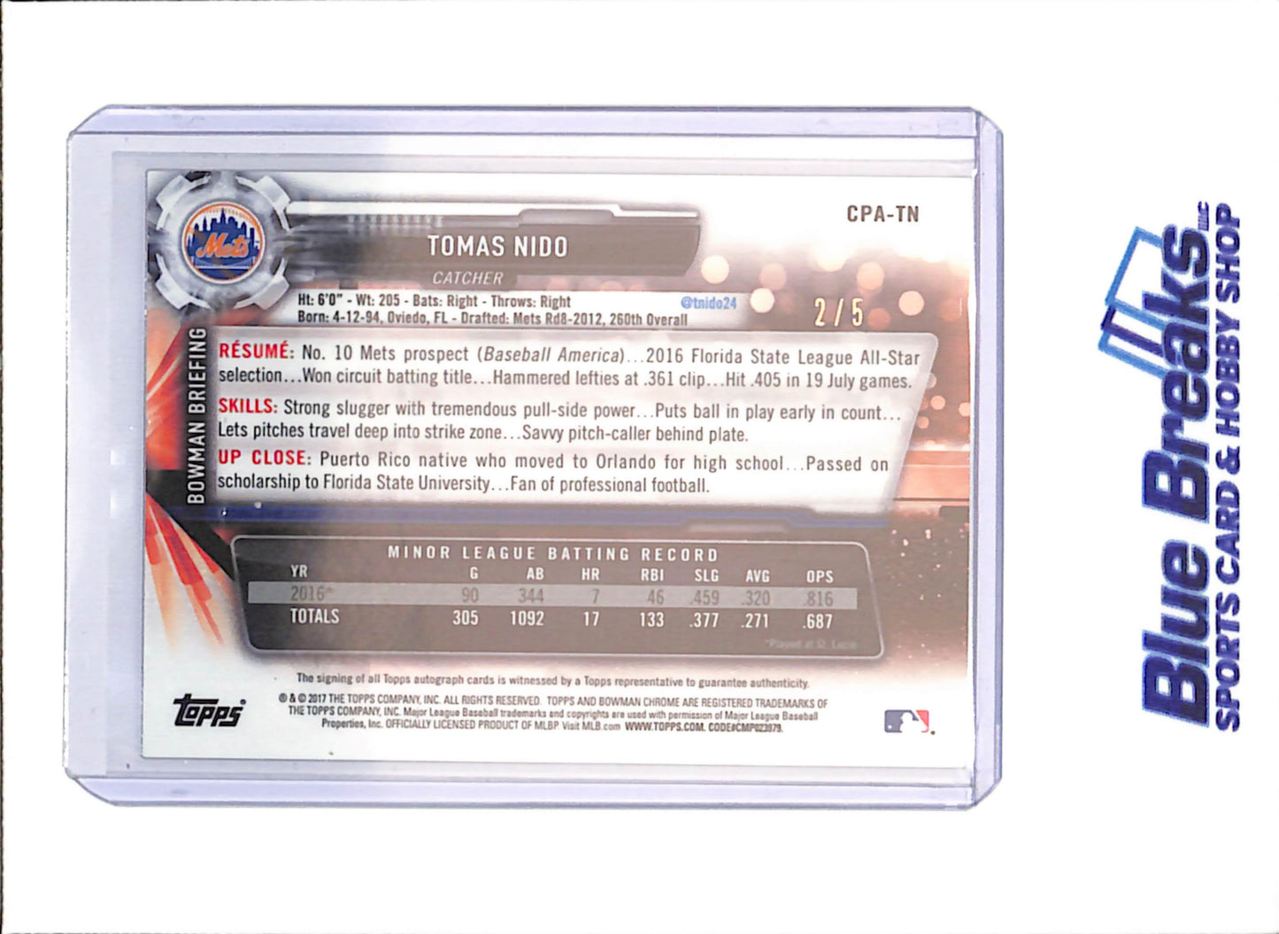 2017 Bowman Chrome - Tomas Nido - 1st Bowman Autograph - 2/5 - New York Mets - Baseball - #CPA-TN