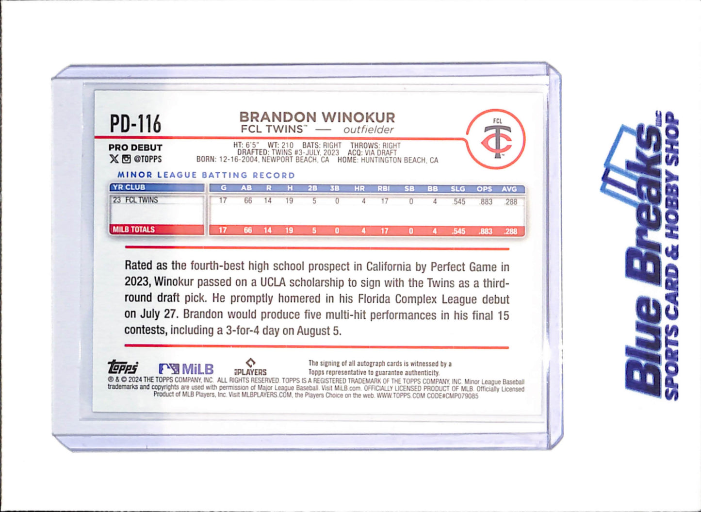 2024 Topps Pro Debut - Brandon Winokur - Autograph - FCL Twins - Baseball - #PD-116