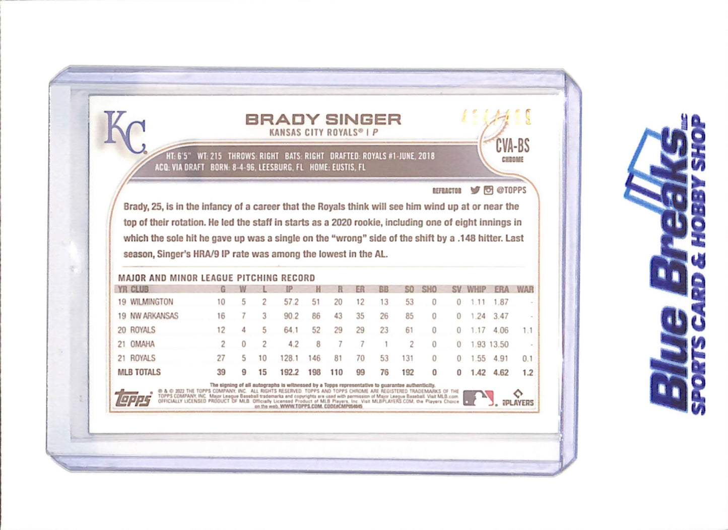 2022 Topps Chrome - Brady Singer - Autograph - 434/499 - Kansas City Royals - Baseball - #CVA-BS