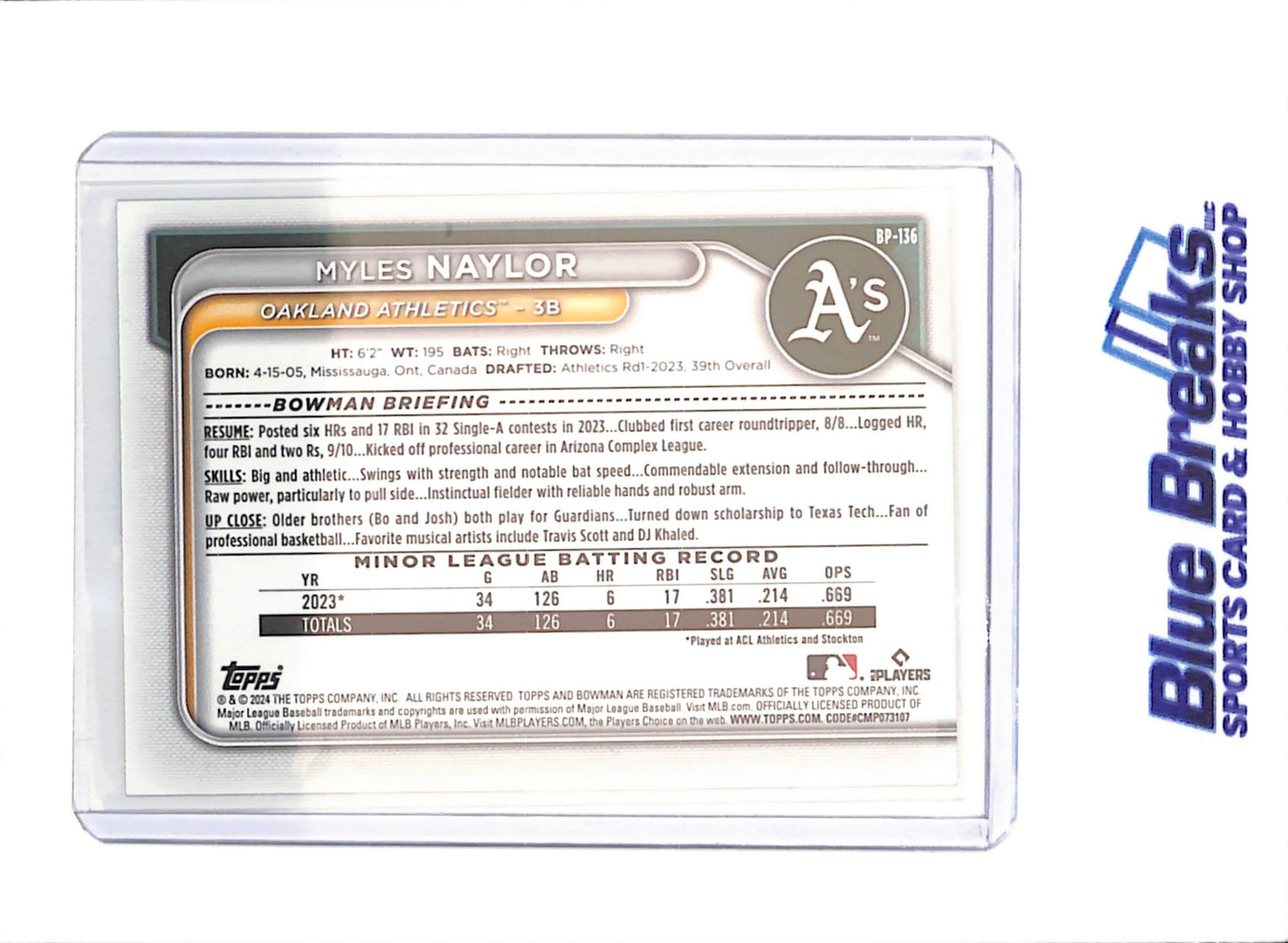 2024 Bowman - Myles Naylor - 1st Bowman - 3/50 - Oakland Athletics - Baseball - #BP-136