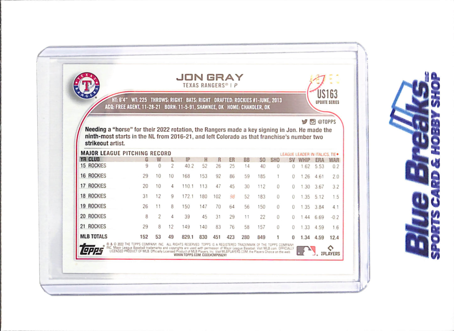 2022 Topps - Jon Gray - Pink - 46/50 - Texas Rangers - Baseball - #US163