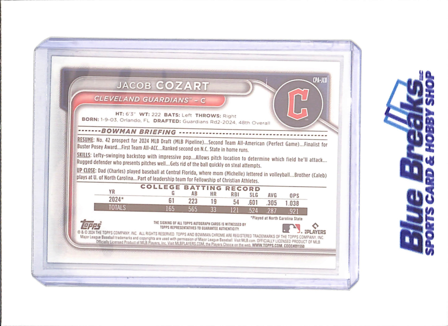 2024 Bowman - Jacob Cozart - 1st Bowman Chrome Autograph - Cleveland Guardians - Baseball - #CPA-JCO - drop