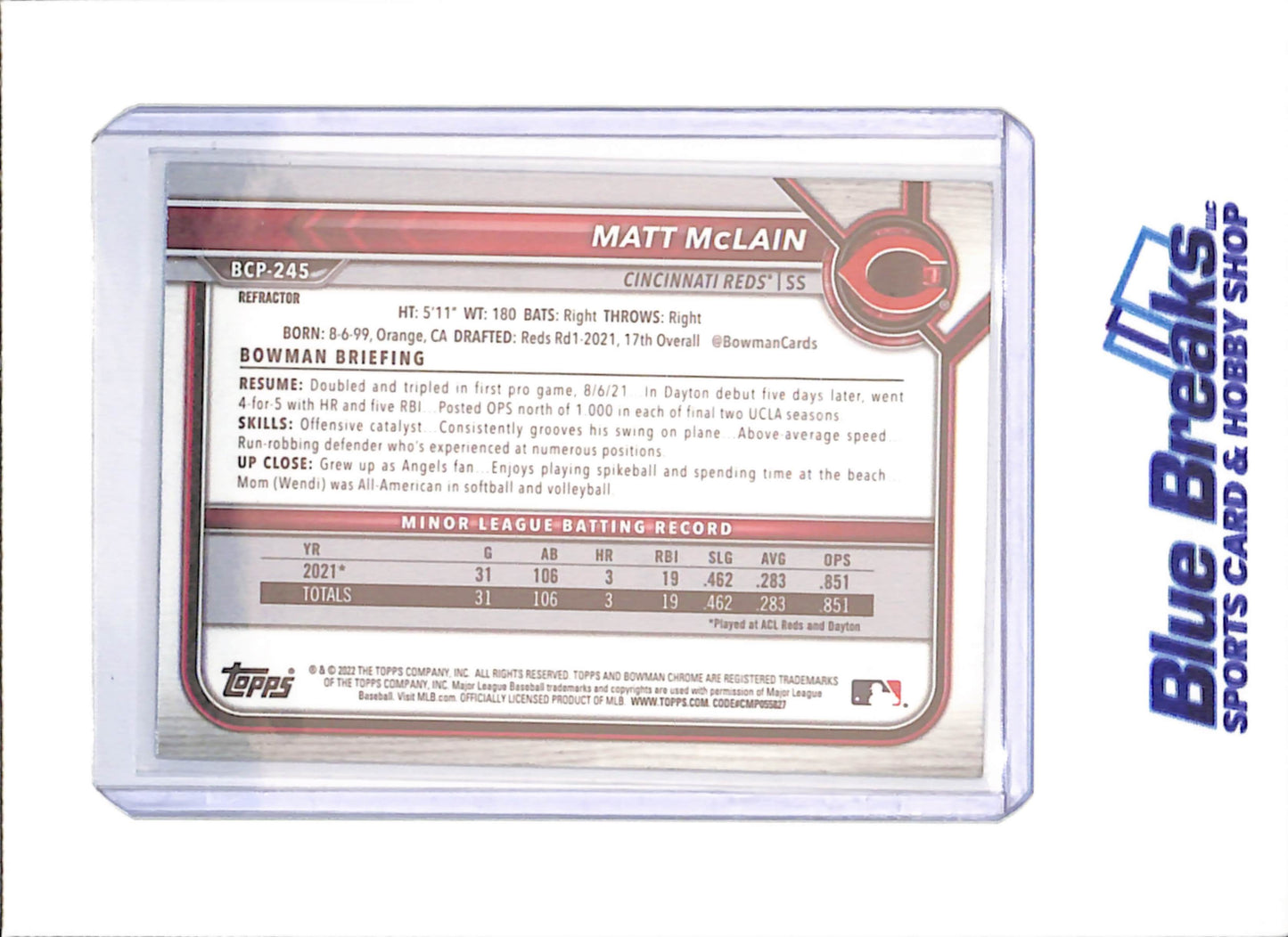2022 Bowman - Matt McClain - 1st Bowman Chrome Shimmer Refractor - Cincinnati Reds - Baseball - #BCP-245 - drop
