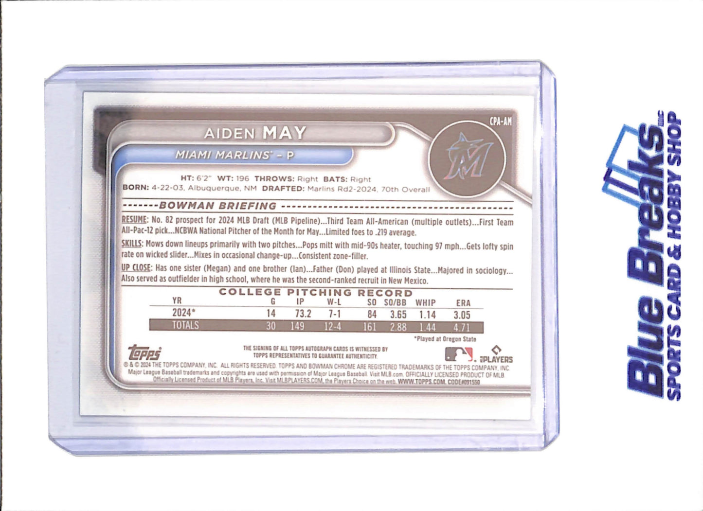 2024 Bowman Chrome - Aiden May - 1st Bowman Mojo Autograph - 51/150 - Miami Marlins - Baseball - #CPA-AM - drop