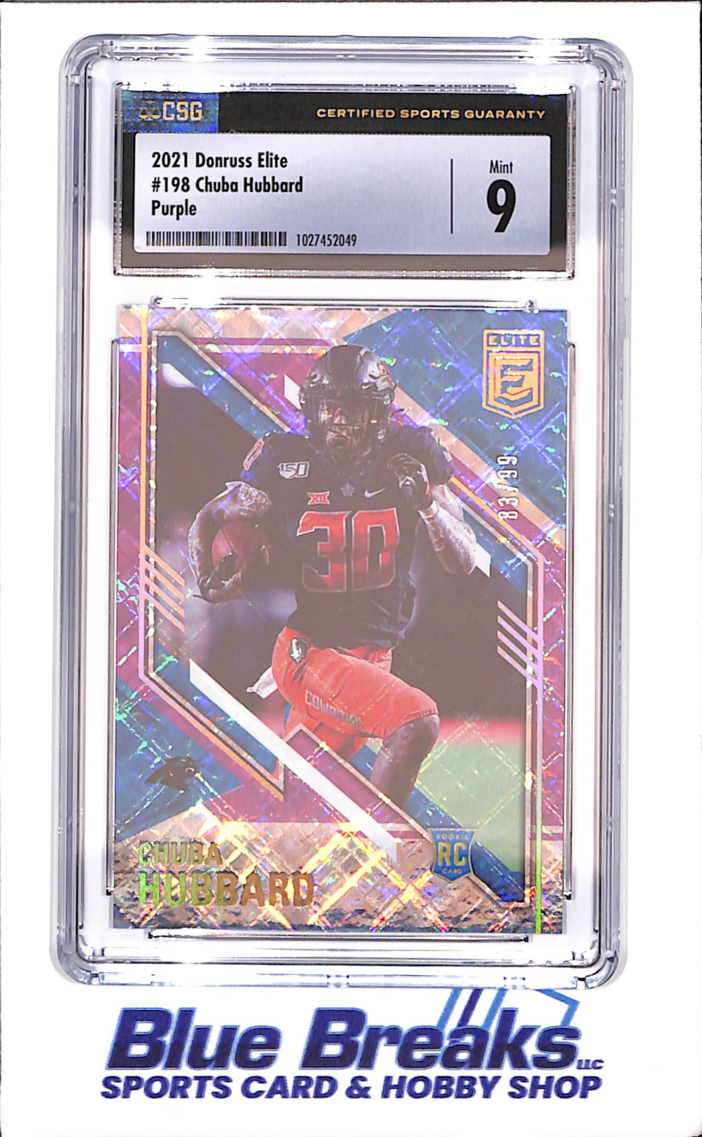 2021 Donruss Elite - Chuba Hubbard - Purple - RC - 83/99 - CGC 9 - Carolina Panthers - Football - #198