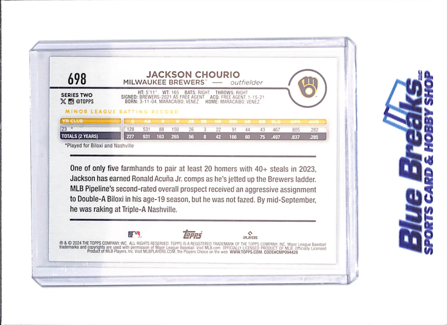 2024 Topps Series Two - Jackson Chourio - Short Print - RC - Milwaukee Brewers - Baseball - #698 - Drop