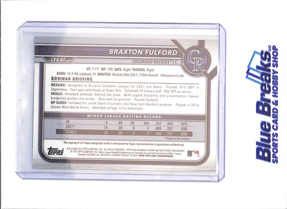 2022 Bowman Chrome - Braxton Fulford - 1st Bowman Autograph - Purple - 247/250 - Colorado Rockies - Baseball - #CPA-BF - Drop