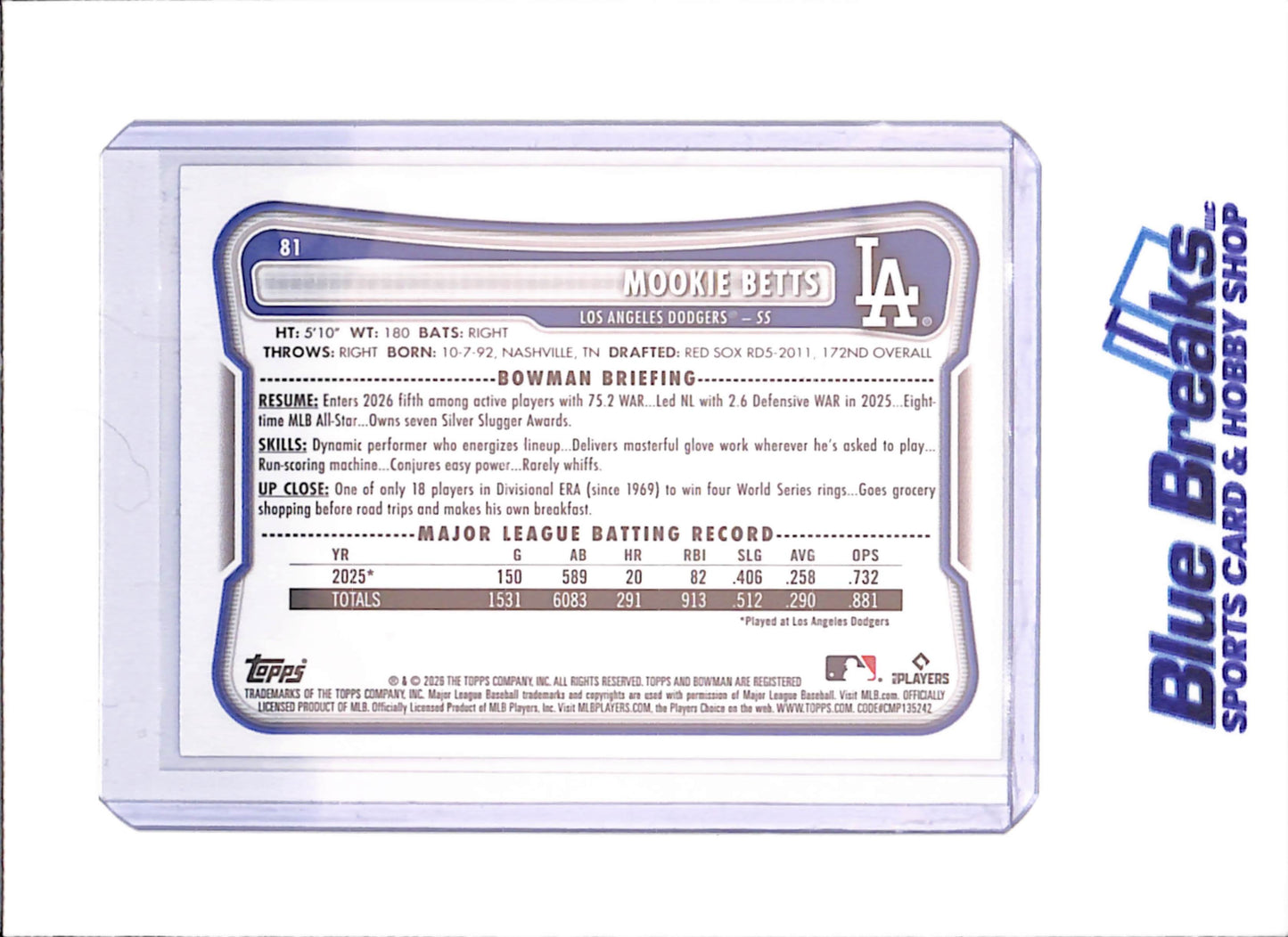 2026 Bowman - Mookie Betts - Purple Pattern - 20/250 - Los Angeles Dodgers - Baseball - #81