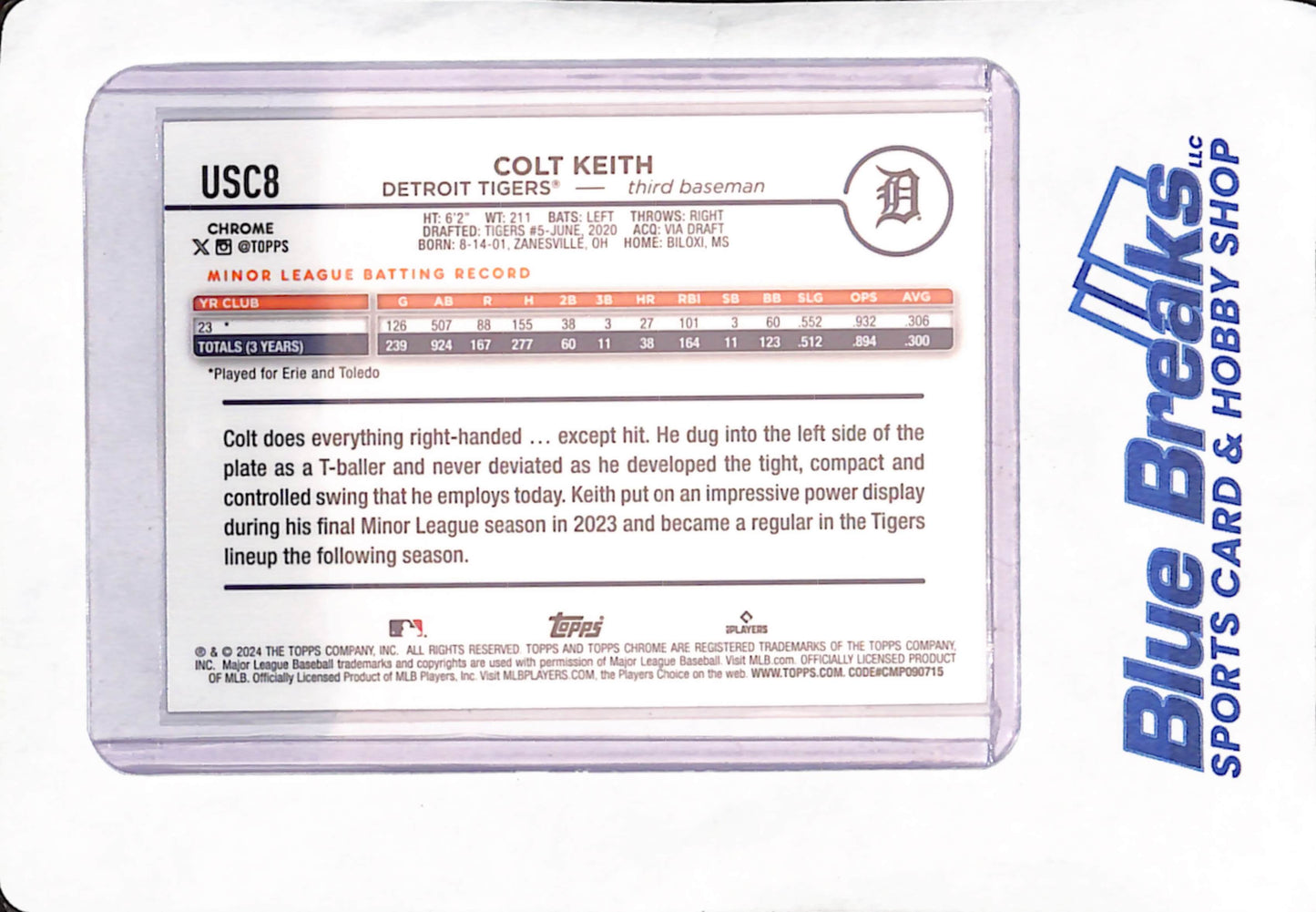 2024 Topps Chrome Update - Colt Keith - Purple Lava - RC - Detroit Tigers - Baseball - 261/299 - #USC8
