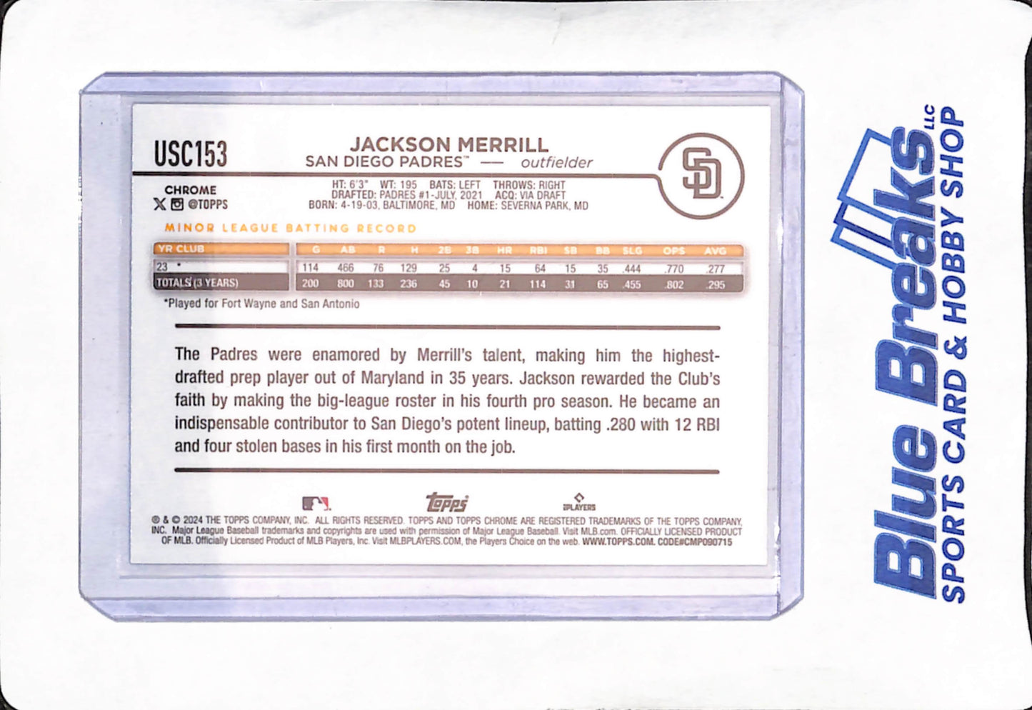 2024 Topps Chrome - Jackson Merrill - RC X-Fractor -San Diego Padres - Baseball - #USC153