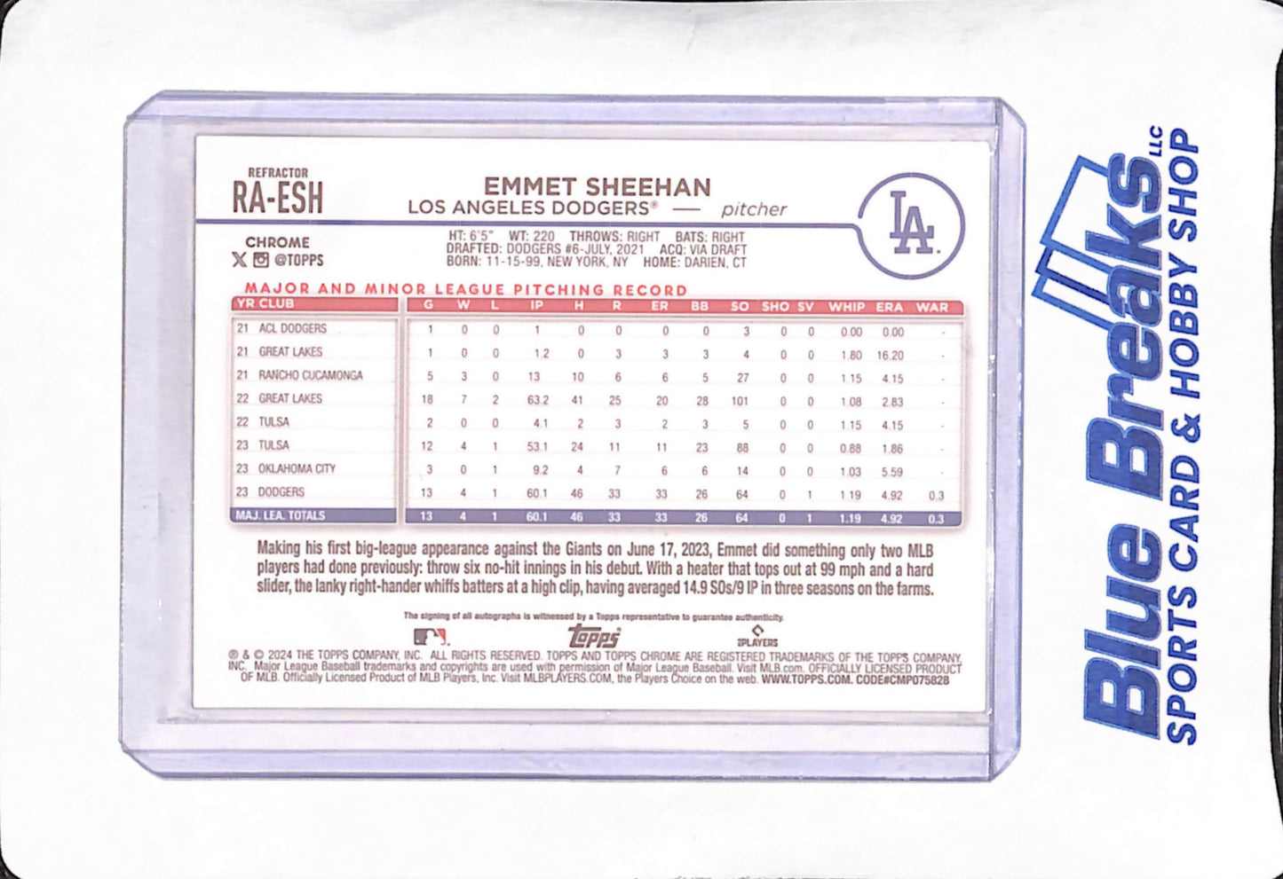2024 Topps Chrome - Emmet Sheehan - Autograph - RC - Los Angeles Dodgers - Baseball - 44/499 - #RA-ESH