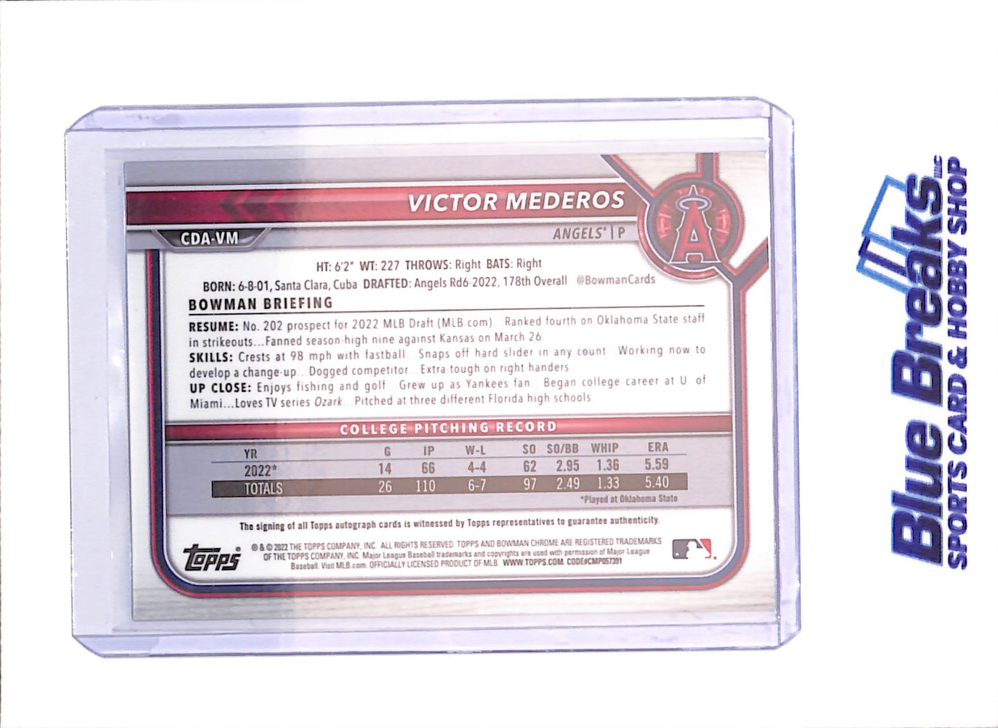 2022 Bowman Draft - Victor Mederos - Bowman 1st Autograph - Blue Wave - 43/150 - Los Angeles Angels - Baseball - #CDA-YM - drop