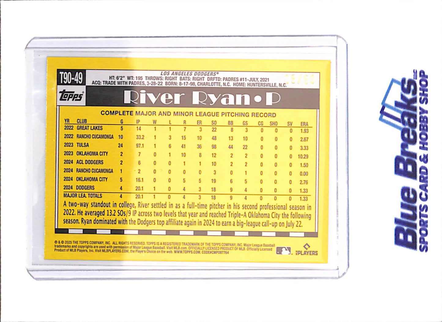 2025 Topps - River Ryan - RC - Gold Crackle Foilboard - 8/50 - Los Angeles Dodgers - Baseball - #T90-49 - drop